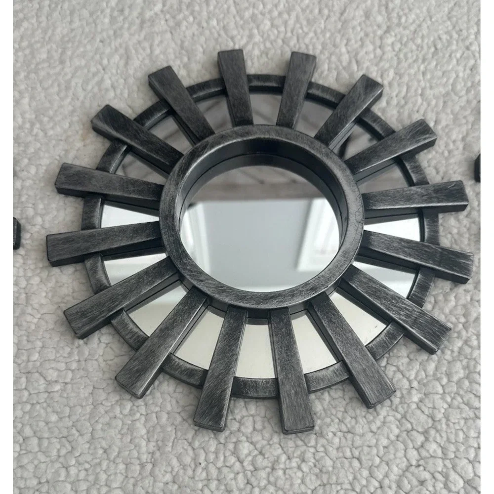 Set Of 3 Sunburst Framed Accent Wall Mirrors Brushed Silver & Black Decor Mirror